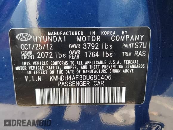 2013 Hyundai Elantra GLS с VIN KMHDH4AE3DU681406, выставлен на аукционе Copart как лот 81384145 с пробегом Не указан миль и Списание • Salvage title. История ставок и продаж доступна на DreamBid. Изображение 13.