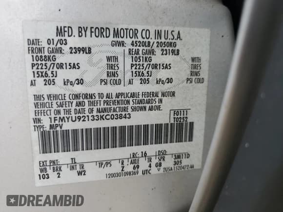 ✅ 2003 Ford Escape XLS Popular • VIN: 1FMYU92133KC03843 • Lot: 72575774. Listed on Copart with 95,963 mi. Free auction sales archive from the USA and detailed vehicle history report at DreamBid. Image 14.