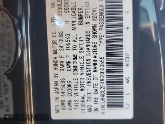 ✅ 2012 Acura TSX • VIN: JH4CU2F49CC000555 • Lot: 92471885. Listed on Copart with 153,500 mi. Free auction sales archive from the USA and detailed vehicle history report at DreamBid. Image 13.