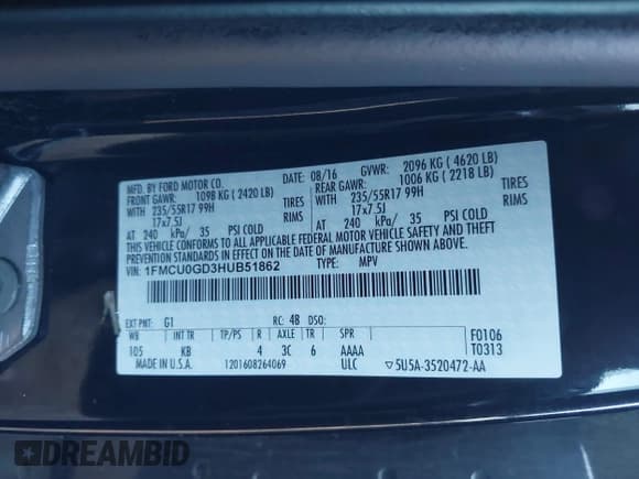 ✅ 2017 Ford Escape SE • VIN: 1FMCU0GD3HUB51862 • Lot: 43790320. Listed on IAAI with 204,800 mi. Free auction sales archive from the USA and detailed vehicle history report at DreamBid. Image 9.