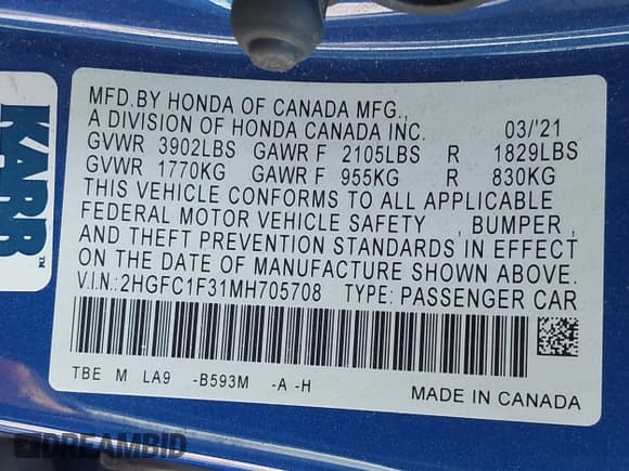 ✅ 2021 Honda Civic EX • VIN: 2HGFC1F31MH705708 • Лот: 43310981. Опубликован ранее на IAAI с пробегом 70 128 миль. Бесплатный доступ к архиву аукционных продаж из США и подробный отчёт об истории автомобиля на DreamBid. Изображение 9.