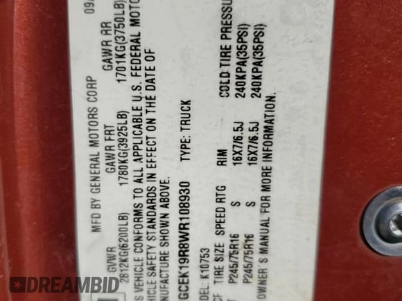 ✅ 1998 Chevrolet Silverado 1500 • VIN: 1GCEK19R8WR108930 • Lot: 69475335. Listed on Copart with 205,360 mi. Free auction sales archive from the USA and detailed vehicle history report at DreamBid. Image 12.