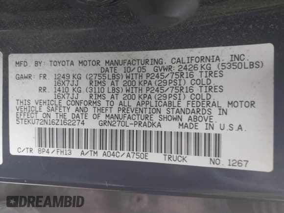 ✅ 2006 Toyota Tacoma PreRunner • VIN: 5TEKU72N16Z162274 • Лот: 43260973. Опубликован ранее на IAAI с пробегом 227 880 миль. Бесплатный доступ к архиву аукционных продаж из США и подробный отчёт об истории автомобиля на DreamBid. Изображение 9.