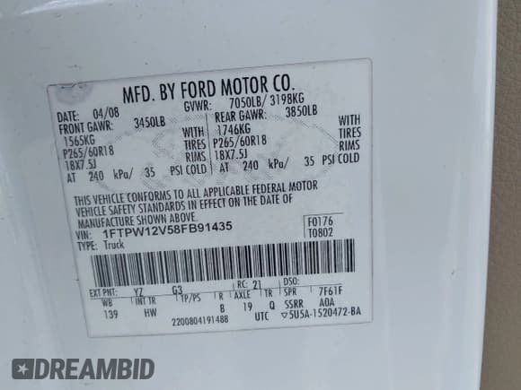 ✅ 2008 Ford F-150 XLT • VIN: 1FTPW12V58FB91435 • Lot: 42222498. Listed on IAAI with 158,698 mi. Free auction sales archive from the USA and detailed vehicle history report at DreamBid. Image 9.