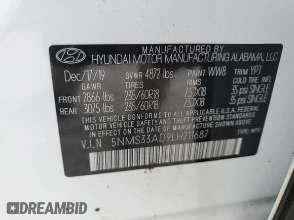 ✅ 2020 Hyundai Santa Fe SEL • VIN: 5NMS33AD9LH211687 • Lot: 76684543. Wystawiony na Copart z przebiegiem 78 737 mil. Bezpłatny archiwum sprzedaży aukcyjnych z USA i szczegółowy raport historii pojazdu na DreamBid. Zdjęcie 13.