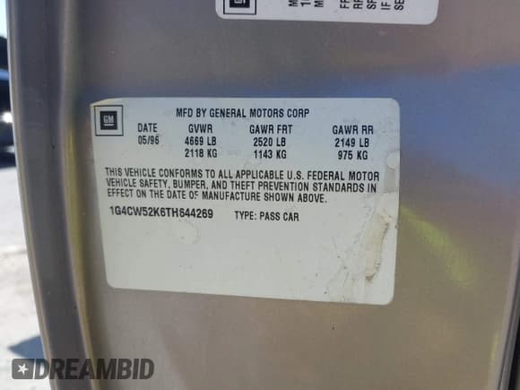 ✅ 1996 Buick Park Avenue • VIN: 1G4CW52K6TH644269 • Lot: 42361334. Listed on IAAI with 150,276 mi. Free auction sales archive from the USA and detailed vehicle history report at DreamBid. Image 9.