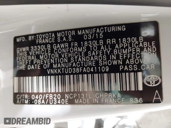 ✅ 2015 Toyota Yaris L • VIN: VNKKTUD38FA041109 • Lot: 42565781. Listed on IAAI with 124,929 mi. Free auction sales archive from the USA and detailed vehicle history report at DreamBid. Image 9.