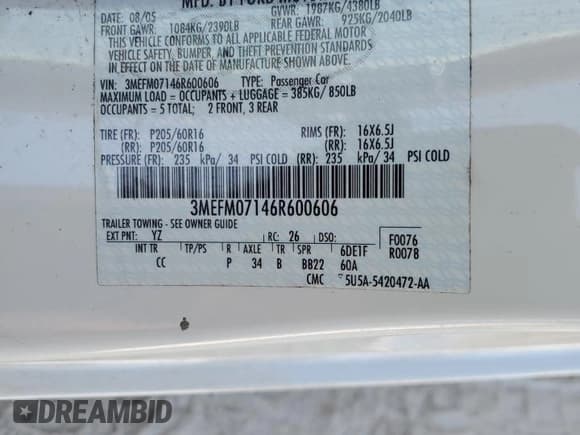 ✅ 2006 Mercury Milan • VIN: 3MEFM07146R600606 • Лот: 76766344. Опубликован ранее на Copart с пробегом 75 408 миль. Бесплатный доступ к архиву аукционных продаж из США и подробный отчёт об истории автомобиля на DreamBid. Изображение 12.