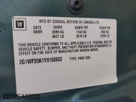 2000 Chevrolet Impala с VIN 2G1WF55K1Y9156932, выставлен на аукционе Copart как лот 59905425 с пробегом 165 164 миль миль и На запчасти • Non repairable. История ставок и продаж доступна на DreamBid. Изображение 12.