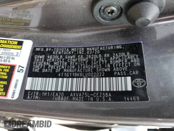 2020 Toyota Camry SE with VIN 4T1G11BK6LU002022, listed as a Copart auction lot 80306065 with 54,210 mi miles and Salvage title. Bid and sale history available at DreamBid. Image 12.