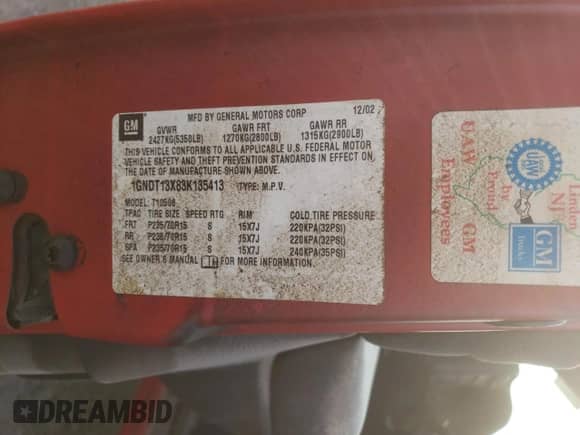 2003 Chevrolet Blazer LS z VIN 1GNDT13X83K135413, wystawiony jako Copart lot #71185894 z przebiegiem Nie podano mil oraz Szkoda całkowita • Salvage title. Historia ofert i sprzedaży dostępna na DreamBid. Obrazek 13.