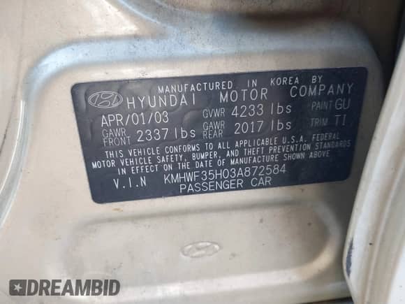 2003 Hyundai Sonata GLS z VIN KMHWF35H03A872584, wystawiony jako IAAI lot #41538079 z przebiegiem 203 501 mil mil oraz . Historia ofert i sprzedaży dostępna na DreamBid. Obrazek 9.