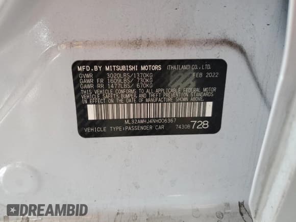 ✅ 2022 Mitsubishi Mirage SE • VIN: ML32AWHJ4NH006367 • Lot: 68974165. Wystawiony na Copart z przebiegiem 42 865 mil. Bezpłatny archiwum sprzedaży aukcyjnych z USA i szczegółowy raport historii pojazdu na DreamBid. Zdjęcie 12.