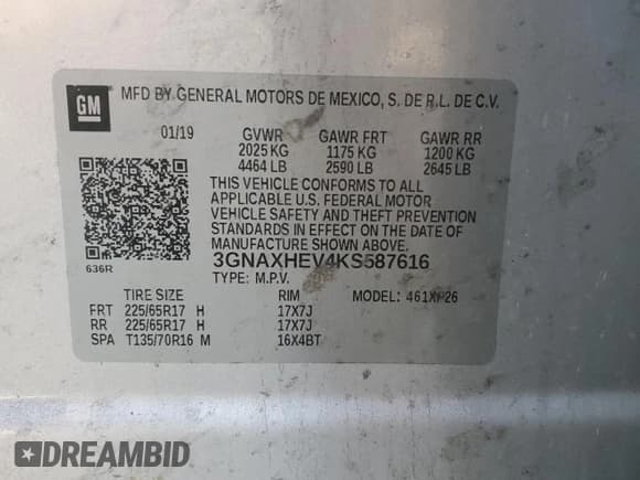 ✅ 2019 Chevrolet Equinox LS • VIN: 3GNAXHEV4KS587616 • Lot: 91589195. Listed on Copart with 203,252 mi. Free auction sales archive from the USA and detailed vehicle history report at DreamBid. Image 12.