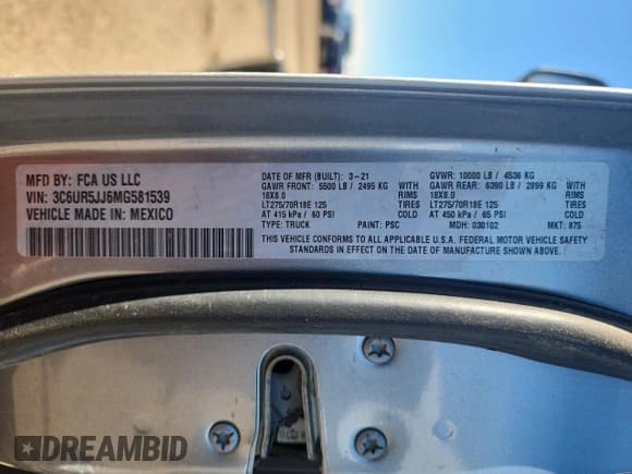 ✅ 2021 Ram 2500 Big Horn • VIN: 3C6UR5JJ6MG581539 • Lot: 53273184. Wystawiony na Copart z przebiegiem 34 319 mil. Bezpłatny archiwum sprzedaży aukcyjnych z USA i szczegółowy raport historii pojazdu na DreamBid. Zdjęcie 14.