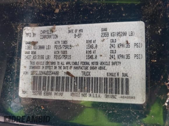 ✅ 1998 Dodge Dakota SLT • VIN: 1B7GL22X4WS554408 • Lot: 42202021. Wystawiony na IAAI z przebiegiem 147 765 mil. Bezpłatny archiwum sprzedaży aukcyjnych z USA i szczegółowy raport historii pojazdu na DreamBid. Zdjęcie 9.