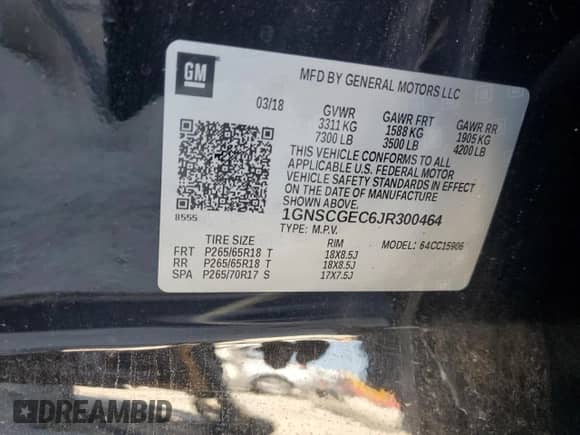 2018 Chevrolet Suburban LS с VIN 1GNSCGEC6JR300464, выставлен на аукционе Copart как лот 49809615 с пробегом 54 298 миль миль и Списание • Salvage title. История ставок и продаж доступна на DreamBid. Изображение 13.