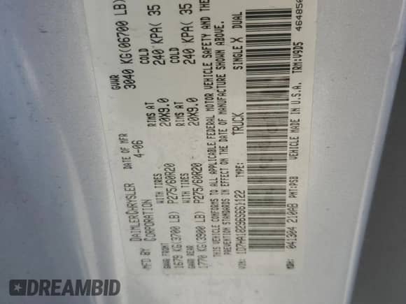 2006 Dodge 1500 SLT с VIN 1D7HA18296S661122, выставлен на аукционе Copart как лот 73189834 с пробегом 300 608 миль миль и Чистый • Clean title. История ставок и продаж доступна на DreamBid. Изображение 12.