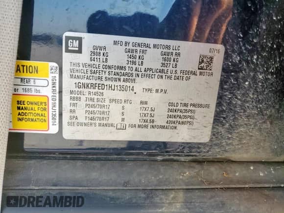 2017 Chevrolet Traverse LS с VIN 1GNKRFED1HJ135014, выставлен на аукционе Copart как лот 80650965 с пробегом 162 665 миль миль и Списание • Salvage title. История ставок и продаж доступна на DreamBid. Изображение 13.