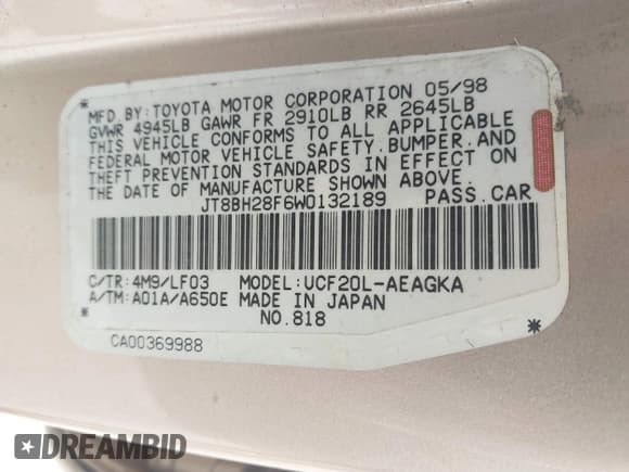 ✅ 1998 Lexus LS 400 • VIN: JT8BH28F6W0132189 • Лот: 42611546. Опубликован ранее на IAAI с пробегом 288 888 миль. Бесплатный доступ к архиву аукционных продаж из США и подробный отчёт об истории автомобиля на DreamBid. Изображение 9.