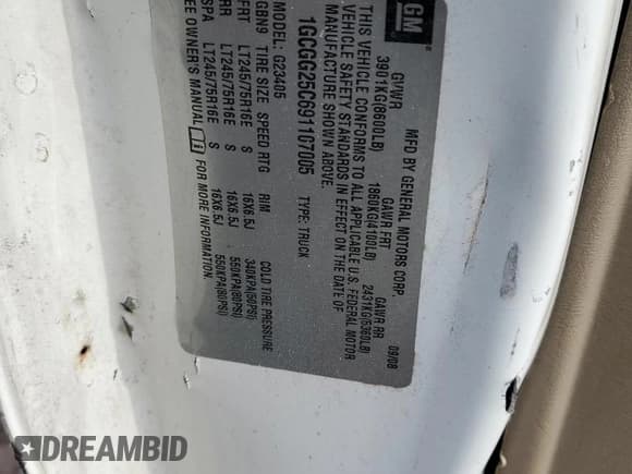 ✅ 2009 Chevrolet Express Cargo • VIN: 1GCGG25C691107005 • Lot: 87734445. Listed on Copart with 184,483 mi. Free auction sales archive from the USA and detailed vehicle history report at DreamBid. Image 13.