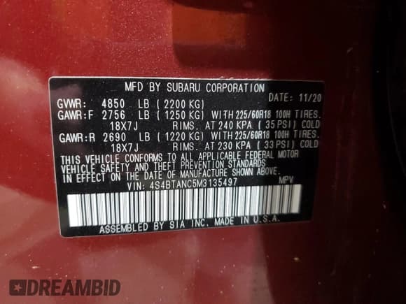 ✅ 2021 Subaru Outback Limited • VIN: 4S4BTANC5M3135497 • Lot: 53868245. Listed on Copart with 31,362 mi. Free auction sales archive from the USA and detailed vehicle history report at DreamBid. Image 13.