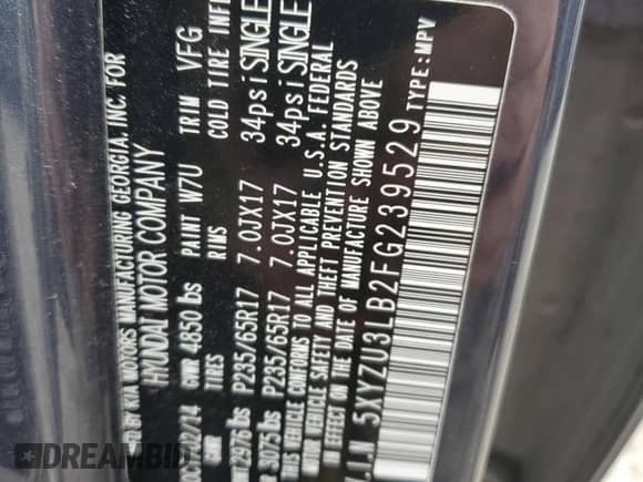 2015 Hyundai Santa Fe with VIN 5XYZU3LB2FG239529, listed as a Copart auction lot 43754655 with 105,442 mi miles and Salvage title. Bid and sale history available at DreamBid. Image 13.