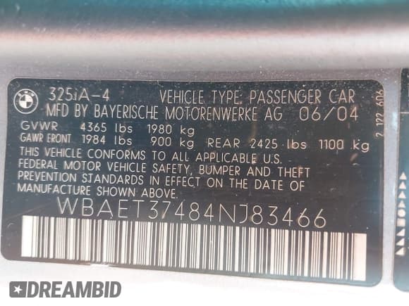 ✅ 2004 BMW 3 Series 325i • VIN: WBAET37484NJ83466 • Lot: 42409512. Listed on IAAI with 98,955 mi. Free auction sales archive from the USA and detailed vehicle history report at DreamBid. Image 9.