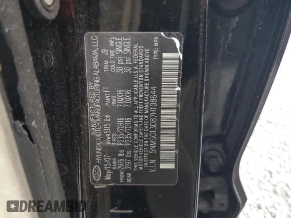 ✅ 2007 Hyundai Santa Fe GLS • VIN: 5NMSG13D87H108644 • Lot: 73912844. Listed on Copart with 99,172 mi. Free auction sales archive from the USA and detailed vehicle history report at DreamBid. Image 15.