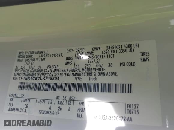 ✅ 2020 Ford F-150 XL • VIN: 1FTEX1CB7LKF18894 • Lot: 41478678. Listed on IAAI with 56,000 mi. Free auction sales archive from the USA and detailed vehicle history report at DreamBid. Image 9.