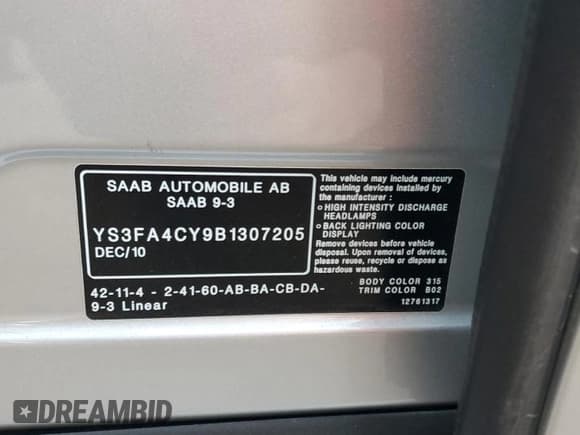 ✅ 2011 Saab 9-3 • VIN: YS3FA4CY9B1307205 • Lot: 93189955. Wystawiony na Copart z przebiegiem 150 278 mil. Bezpłatny archiwum sprzedaży aukcyjnych z USA i szczegółowy raport historii pojazdu na DreamBid. Zdjęcie 12.