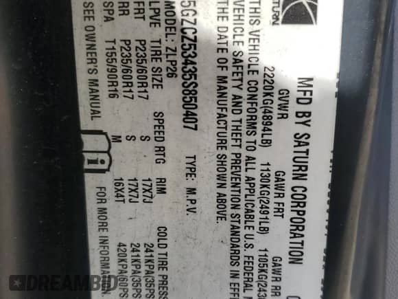 2005 Saturn VUE z VIN 5GZCZ53435S850407, wystawiony jako Copart lot #81821284 z przebiegiem 118 621 mil mil oraz Szkoda całkowita • Salvage title. Historia ofert i sprzedaży dostępna na DreamBid. Obrazek 13.