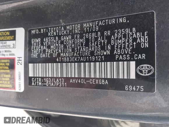 ✅ 2010 Toyota Camry • VIN: 4T1BB3EK7AU119121 • Lot: 43042539. Listed on IAAI with 182,255 mi. Free auction sales archive from the USA and detailed vehicle history report at DreamBid. Image 9.