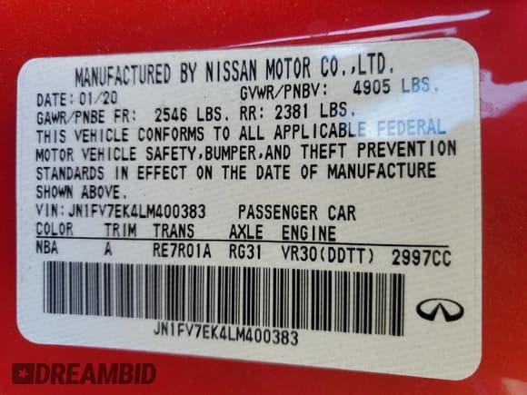 ✅ 2020 Infiniti Q60 Red Sport 400 • VIN: JN1FV7EK4LM400383 • Lot: 87031234. Listed on Copart with 26,583 mi. Free auction sales archive from the USA and detailed vehicle history report at DreamBid. Image 13.