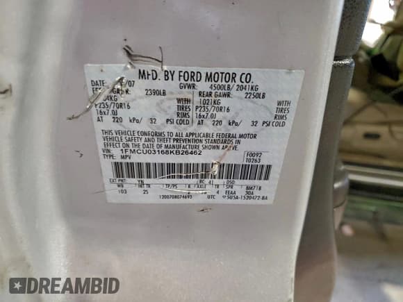 ✅ 2008 Ford Escape XLT • VIN: 1FMCU03168KB26462 • Lot: 94591555. Listed on Copart with Not provided. Free auction sales archive from the USA and detailed vehicle history report at DreamBid. Image 13.