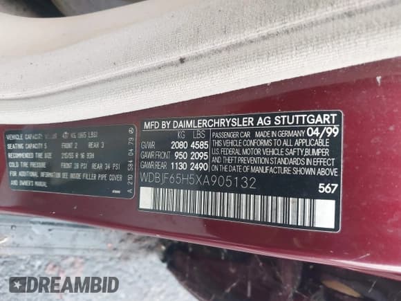 ✅ 1999 Mercedes-Benz E 320 • VIN: WDBJF65H5XA905132 • Lot: 43725220. Listed on IAAI with 41,828 mi. Free auction sales archive from the USA and detailed vehicle history report at DreamBid. Image 9.