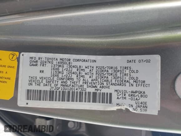 ✅ 2002 Lexus RX 300 • VIN: JTJGF10U120147322 • Lot: 43789608. Listed on IAAI with 184,120 mi. Free auction sales archive from the USA and detailed vehicle history report at DreamBid. Image 9.