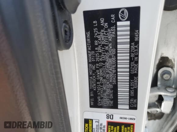 ✅ 2020 Lexus ES 350 • VIN: 58ADZ1B11LU067100 • Lot: 58447735. Wystawiony na Copart z przebiegiem 50 500 mil. Bezpłatny archiwum sprzedaży aukcyjnych z USA i szczegółowy raport historii pojazdu na DreamBid. Zdjęcie 12.