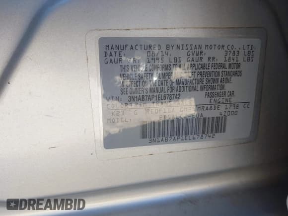 ✅ 2014 Nissan Sentra S • VIN: 3N1AB7AP1EL678742 • Lot: 43521007. Listed on IAAI with 122,684 mi. Free auction sales archive from the USA and detailed vehicle history report at DreamBid. Image 9.