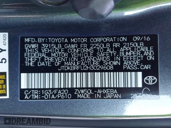 ✅ 2017 Toyota Prius Two • VIN: JTDKBRFU2H3029608 • Lot: 43480732. Listed on IAAI with 154,628 mi. Free auction sales archive from the USA and detailed vehicle history report at DreamBid. Image 9.