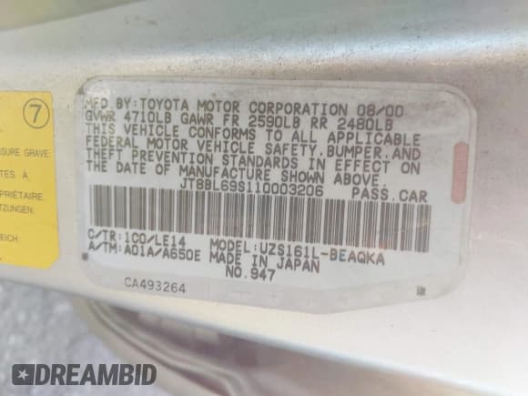 ✅ 2001 Lexus GS 430 • VIN: JT8BL69S110003206 • Lot: 43787311. Listed on IAAI with 231,757 mi. Free auction sales archive from the USA and detailed vehicle history report at DreamBid. Image 9.