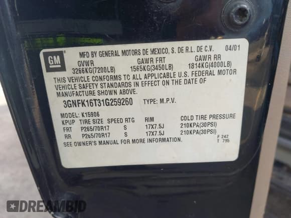 ✅ 2001 Chevrolet Suburban LS • VIN: 3GNFK16T31G259260 • Лот: 42525896. Опубликован ранее на IAAI с пробегом 272 052 миль. Бесплатный доступ к архиву аукционных продаж из США и подробный отчёт об истории автомобиля на DreamBid. Изображение 9.