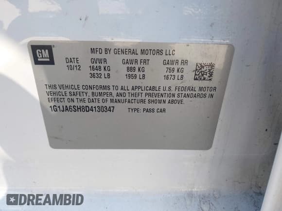 ✅ 2013 Chevrolet Sonic LS • VIN: 1G1JA6SH8D4130347 • Lot: 42146150. Listed on IAAI with 144,120 mi. Free auction sales archive from the USA and detailed vehicle history report at DreamBid. Image 9.