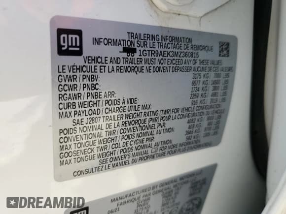 ✅ 2021 GMC Sierra 1500 • VIN: 1GTR9AEK3MZ360815 • Лот: 48519405. Опубликован ранее на Copart с пробегом 30 310 миль. Бесплатный доступ к архиву аукционных продаж из США и подробный отчёт об истории автомобиля на DreamBid. Изображение 12.