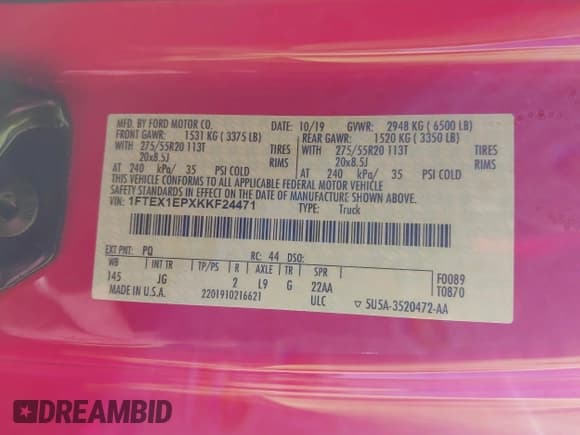 ✅ 2019 Ford F-150 XL • VIN: 1FTEX1EPXKKF24471 • Lot: 43629189. Listed on IAAI with 52,144 mi. Free auction sales archive from the USA and detailed vehicle history report at DreamBid. Image 9.