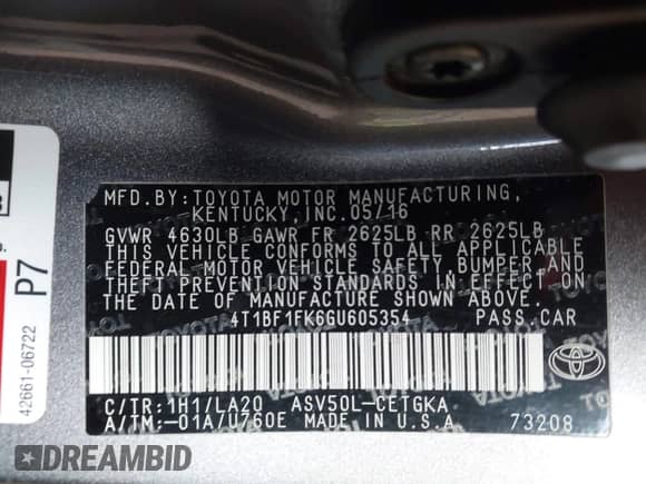 2016 Toyota Camry XLE with VIN 4T1BF1FK6GU605354, listed as a IAAI auction lot 42938745 with 61,398 mi miles and . Bid and sale history available at DreamBid. Image 9.