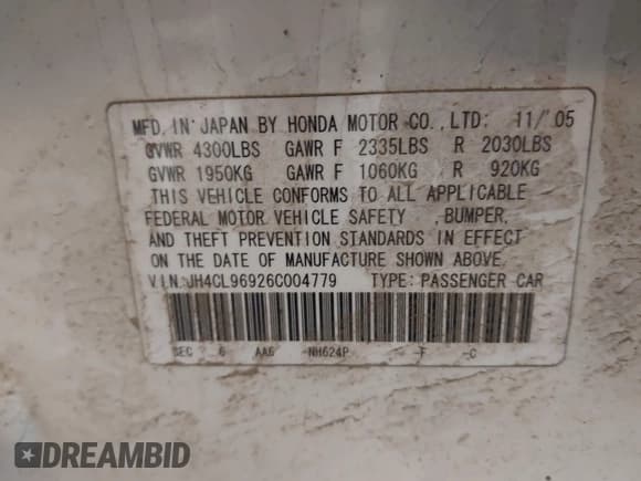 ✅ 2006 Acura TSX Navi • VIN: JH4CL96926C004779 • Lot: 43290836. Listed on IAAI with 182,911 mi. Free auction sales archive from the USA and detailed vehicle history report at DreamBid. Image 9.