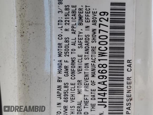 ✅ 1998 Acura RL Special Edition • VIN: JH4KA9681WC007729 • Lot: 80924295. Listed on Copart with Not provided. Free auction sales archive from the USA and detailed vehicle history report at DreamBid. Image 12.