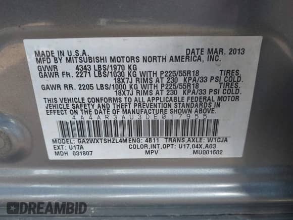 2013 Mitsubishi Outlander ES z VIN 4A4AR3AU3DE017955, wystawiony jako IAAI lot #43422506 z przebiegiem 153 214 mil mil oraz . Historia ofert i sprzedaży dostępna na DreamBid. Obrazek 9.