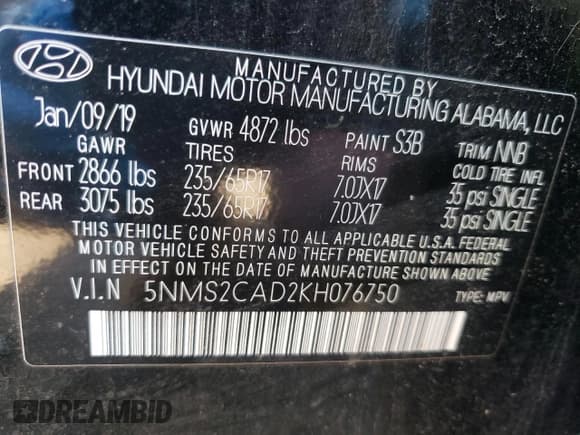 ✅ 2019 Hyundai Santa Fe SE • VIN: 5NMS2CAD2KH076750 • Lot: 59464703. Wystawiony na Copart z przebiegiem 60 733 mil. Bezpłatny archiwum sprzedaży aukcyjnych z USA i szczegółowy raport historii pojazdu na DreamBid. Zdjęcie 10.